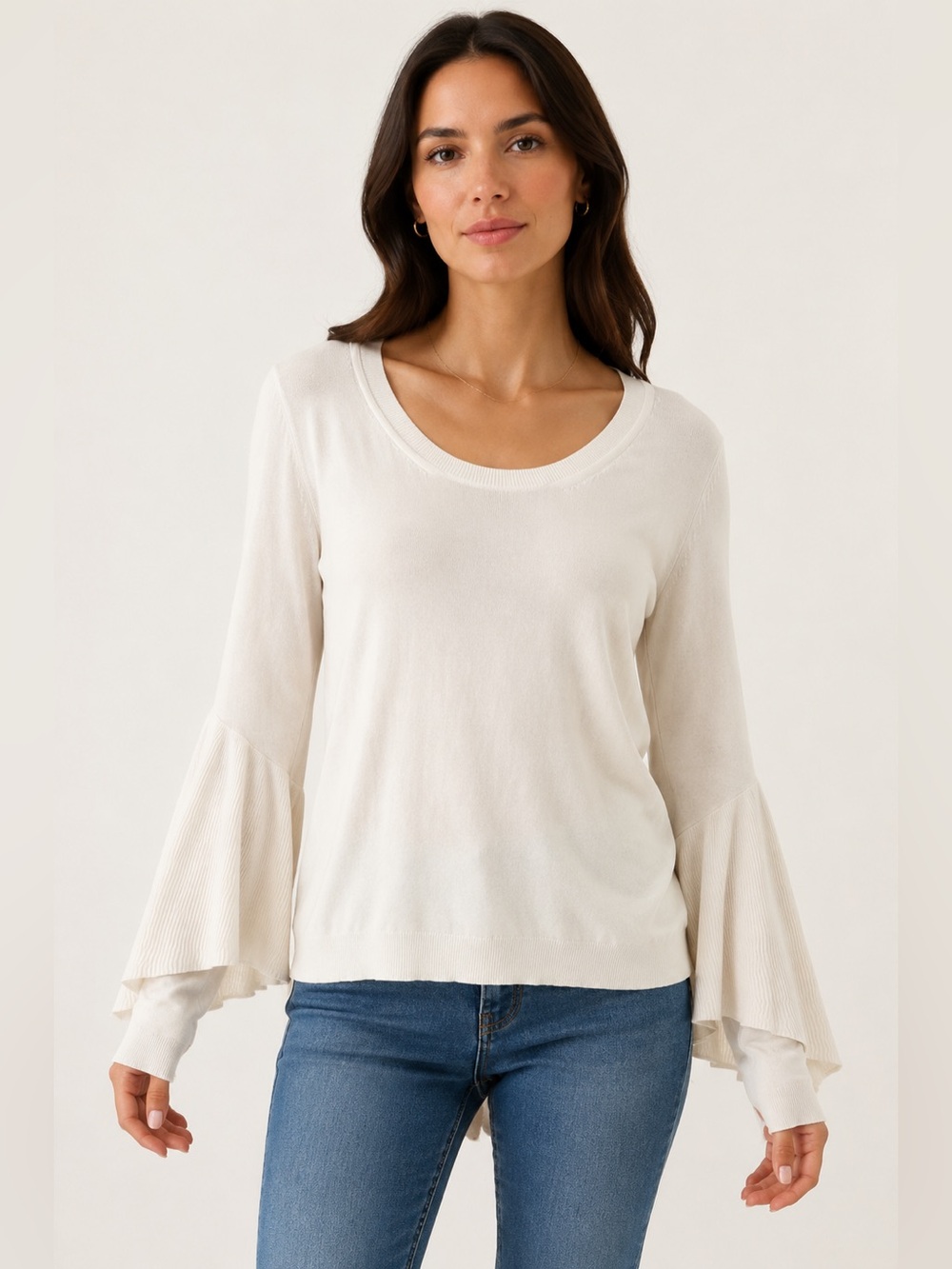 Brochu Walker Ivory Layered Bell Sleeve Knit Cotton Blend Sweater Size Small